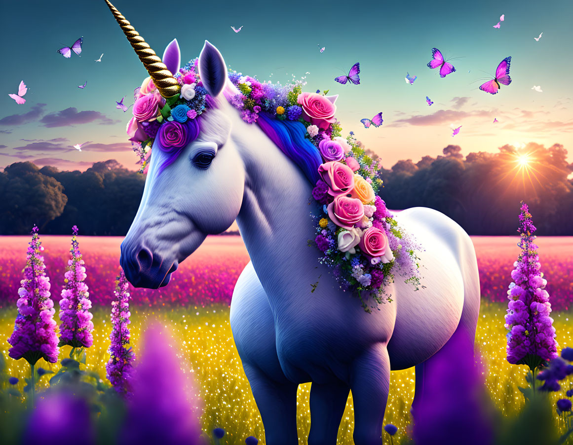 Majestic unicorn with floral mane in colorful field at sunset