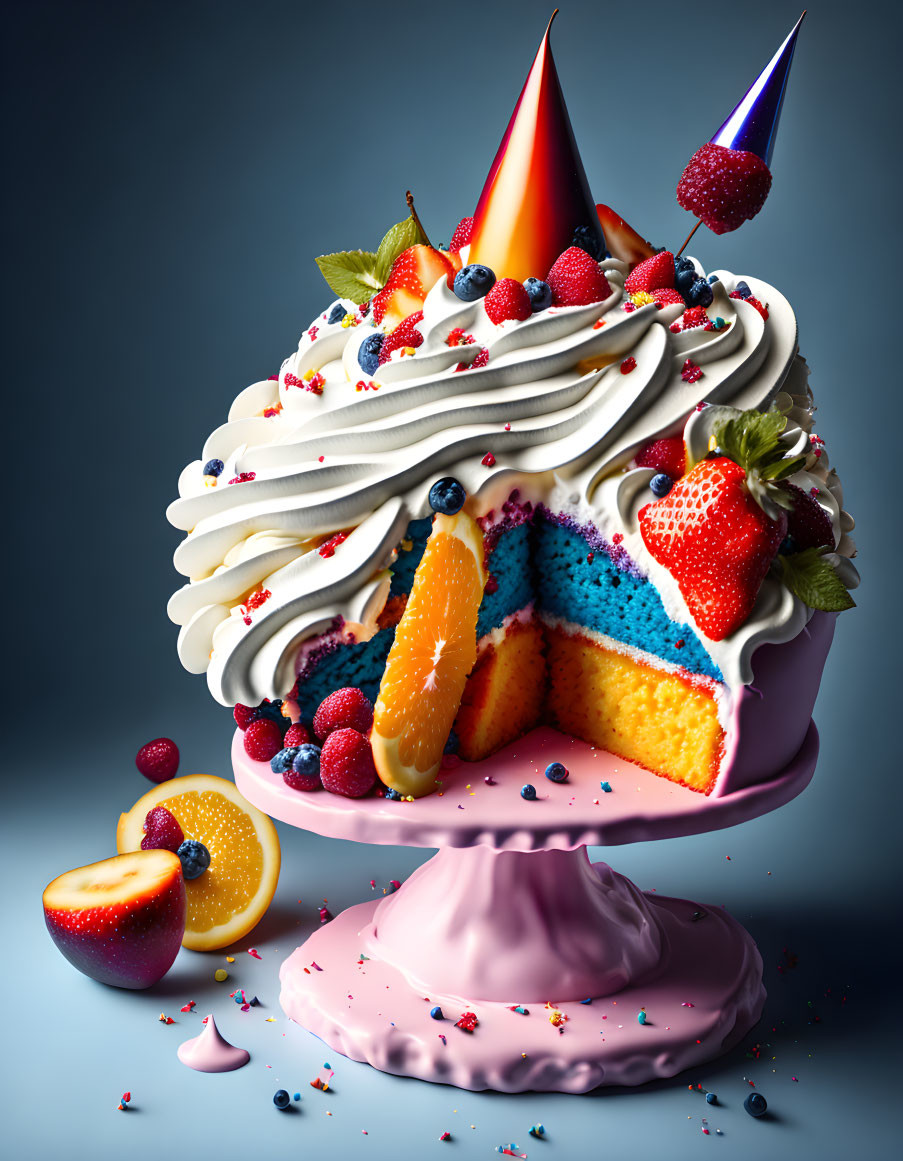 Colorful Cake with Fresh Berries and Party Hats on Grey Background