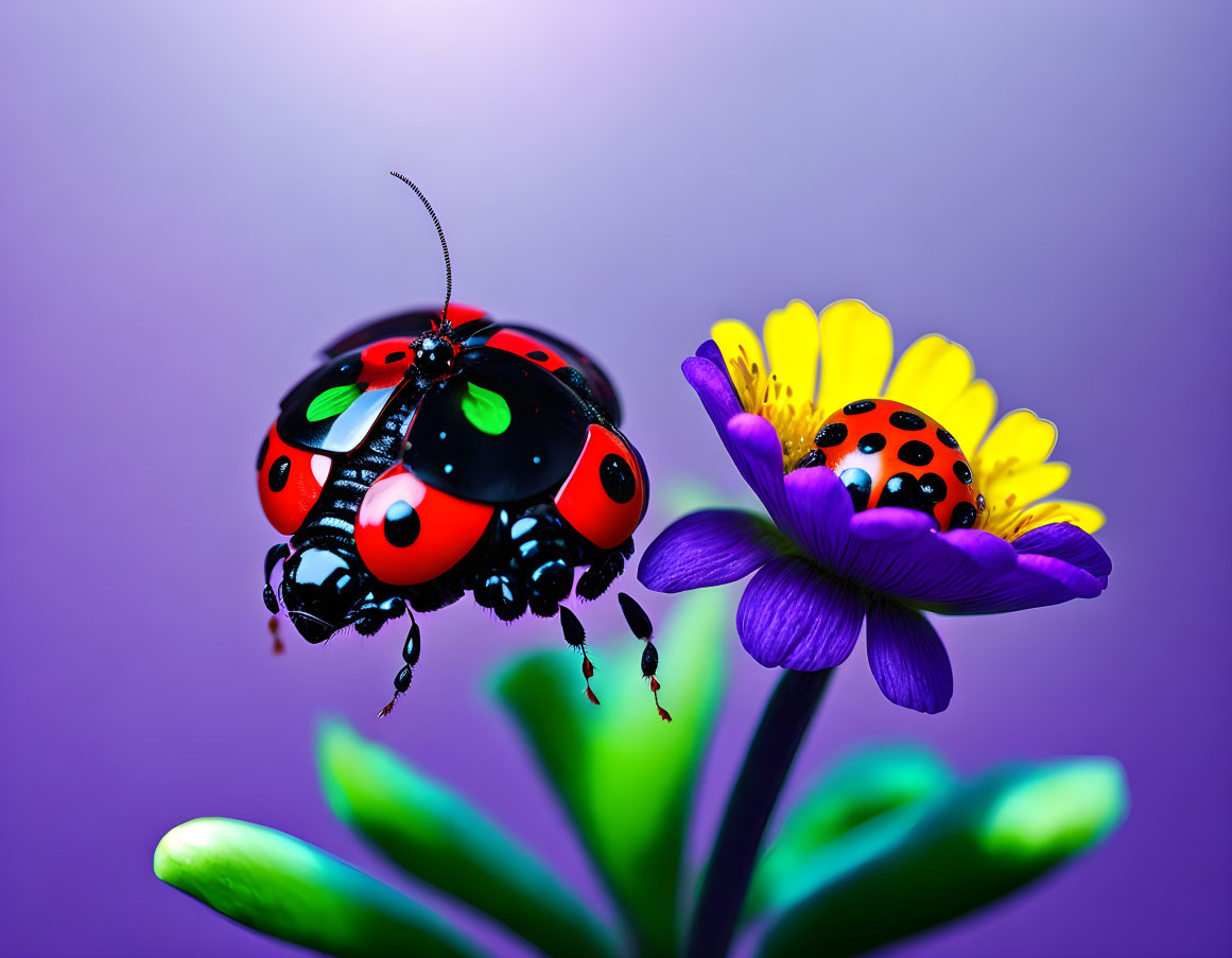 Colorful Stylized Ladybug on Flower with Water Droplets