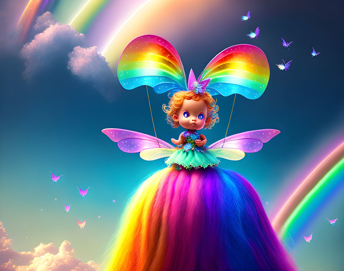 Whimsical fairy with rainbow wings on vibrant rainbow surrounded by butterflies