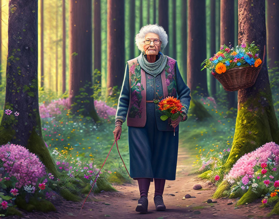 Elderly woman with white hair and glasses in forest with flowers and basket