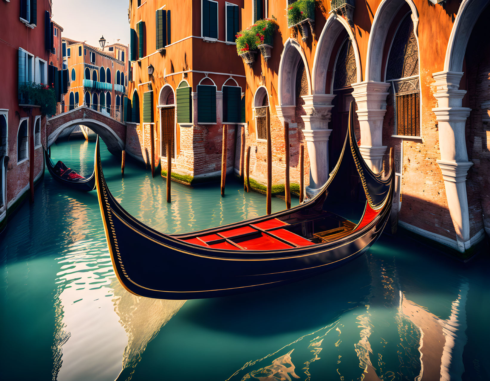 Tranquil Venetian canal with gondola and colorful buildings