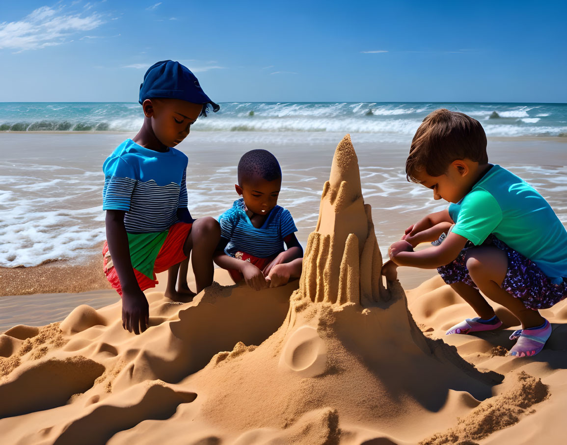 Children building sandcastle on sunny beach with ocean in background