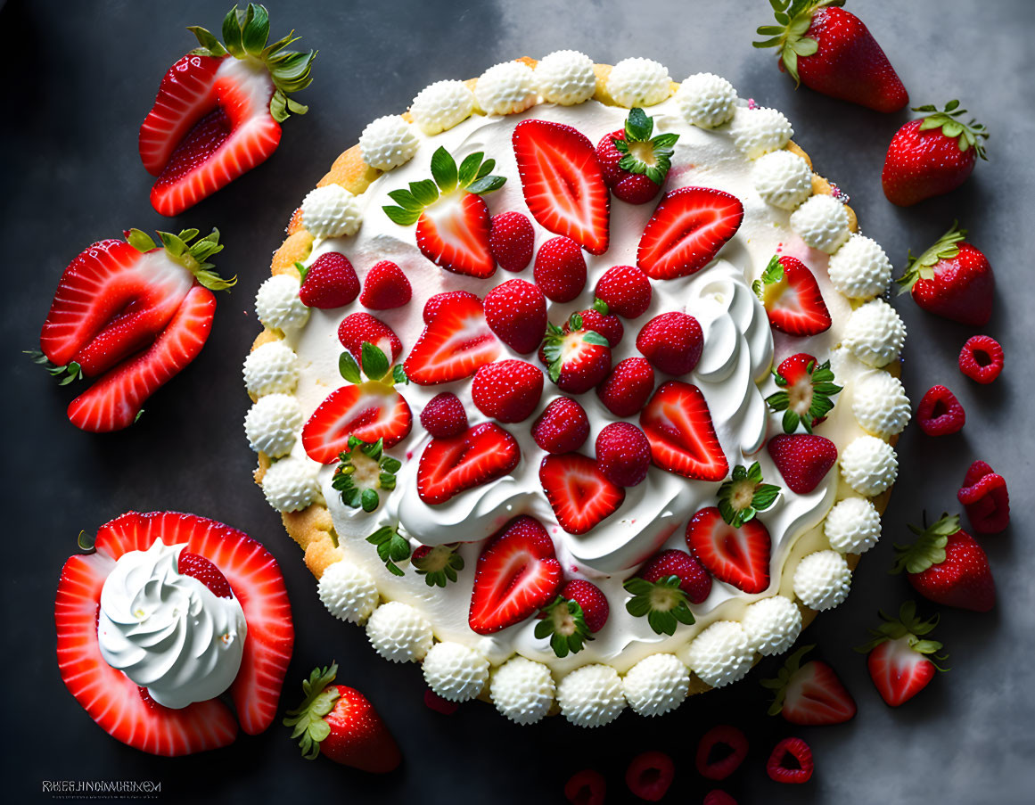 Berry Tart with Strawberries and Raspberries, Whipped Cream, and Powdered Sugar on Dark