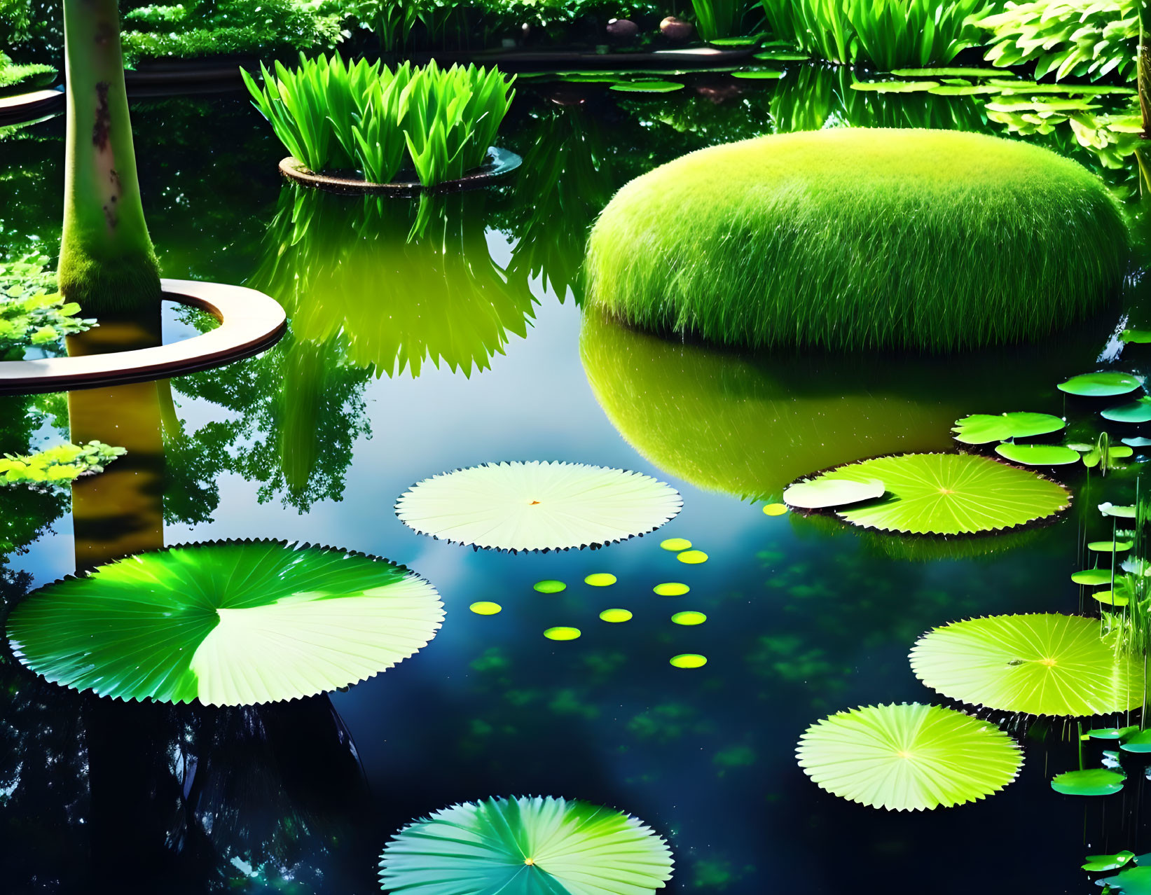 Tranquil Pond with Green Lily Pads and Floating Plant