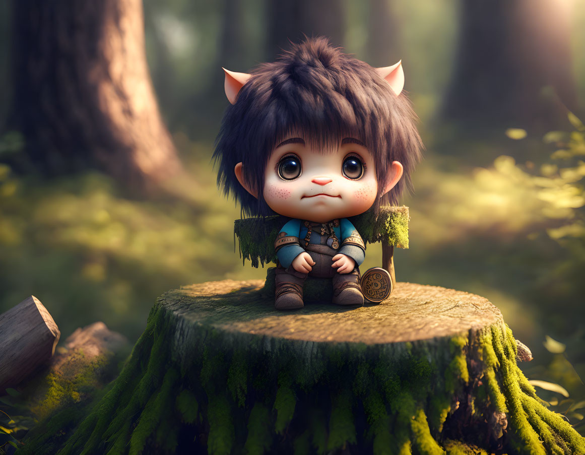 Animated fantasy creature with large eyes and small horns on mossy stump in sunlit forest