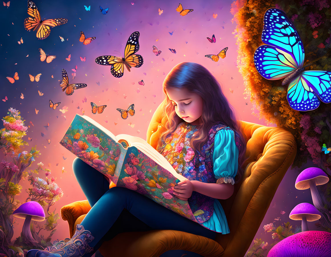 Girl Reading Book Surrounded by Flowers, Mushrooms, and Butterflies