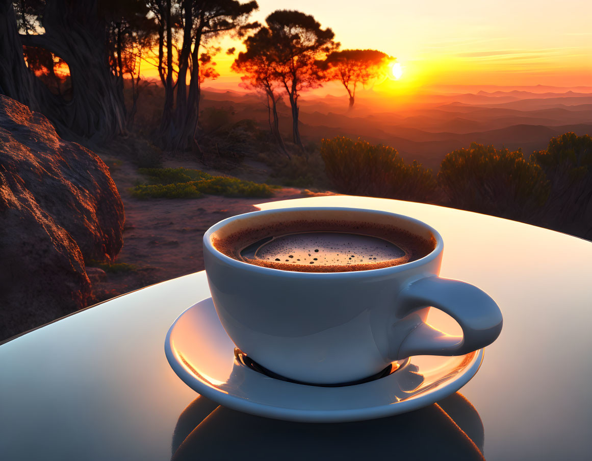 Steaming Coffee Cup on Reflective Surface with Forest Sunrise View