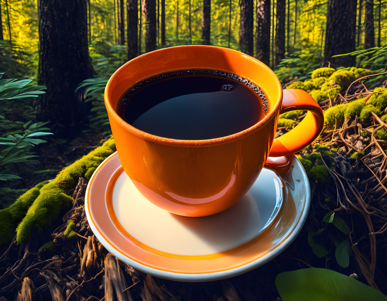 Giant orange coffee cup in lush forest with sunlight