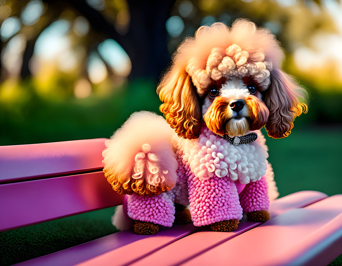 Fluffy poodle in bow tie on pink bench with green backdrop