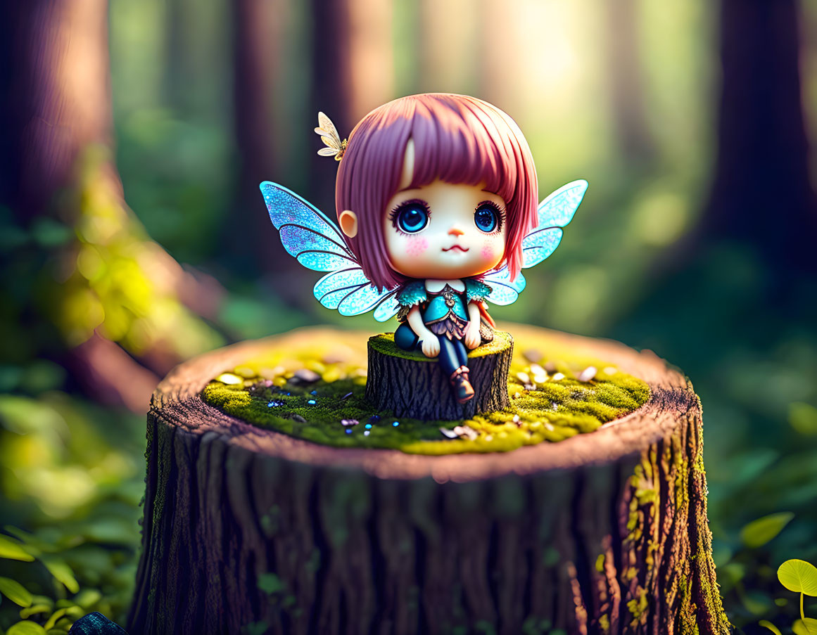 Whimsical fairy figurine with blue wings and pink hair on mossy tree stump