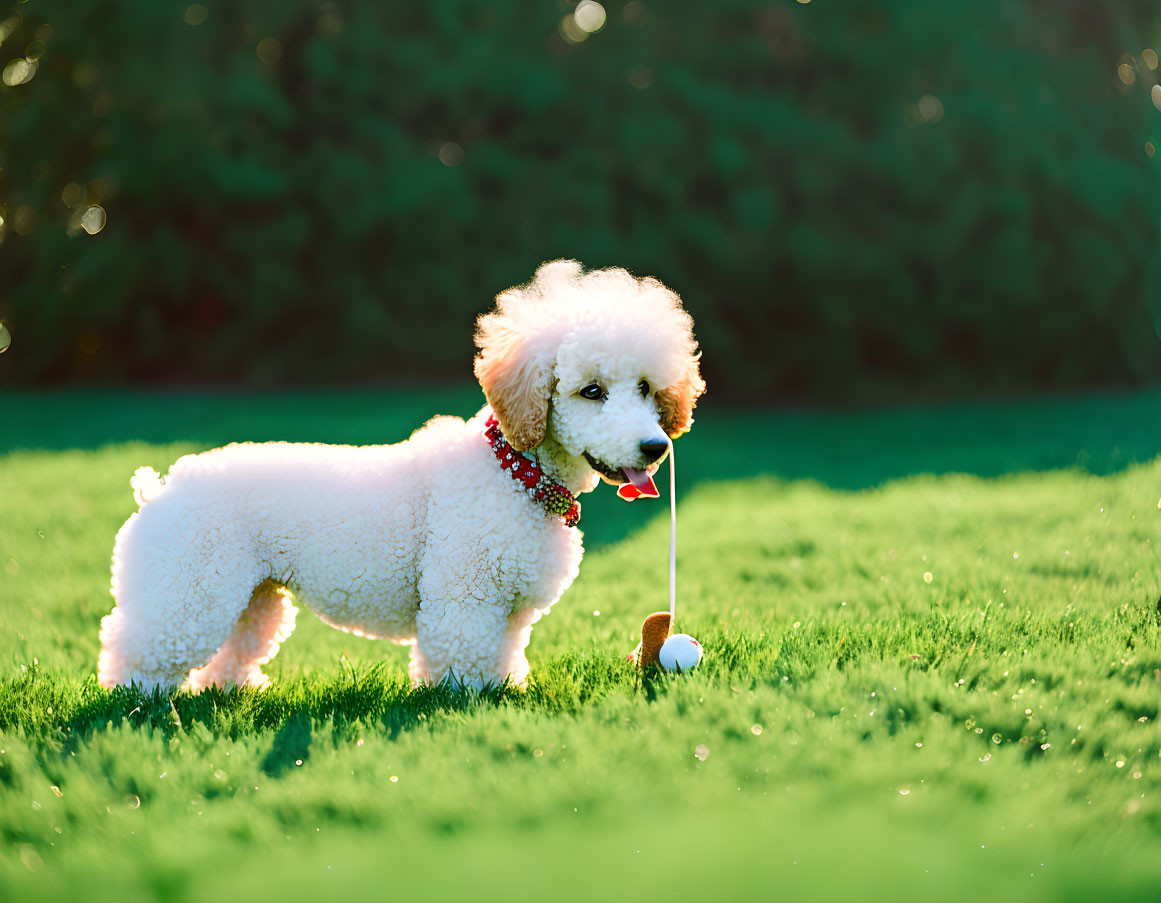 White poodle with floral collar on grass next to golf ball and tee in mouth