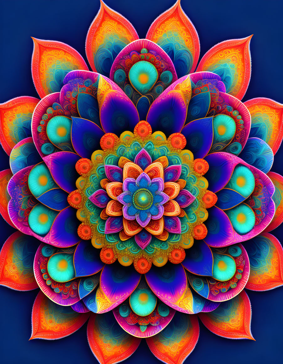 Colorful fractal image: Intricate lotus-like pattern in blue, orange, and purple