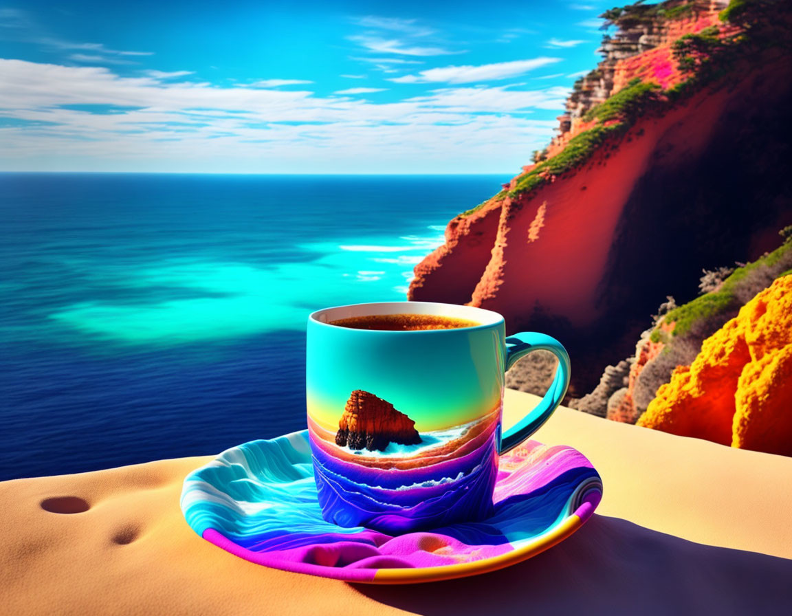 Surreal coffee cup overlooking mirrored seascape on coastal cliff