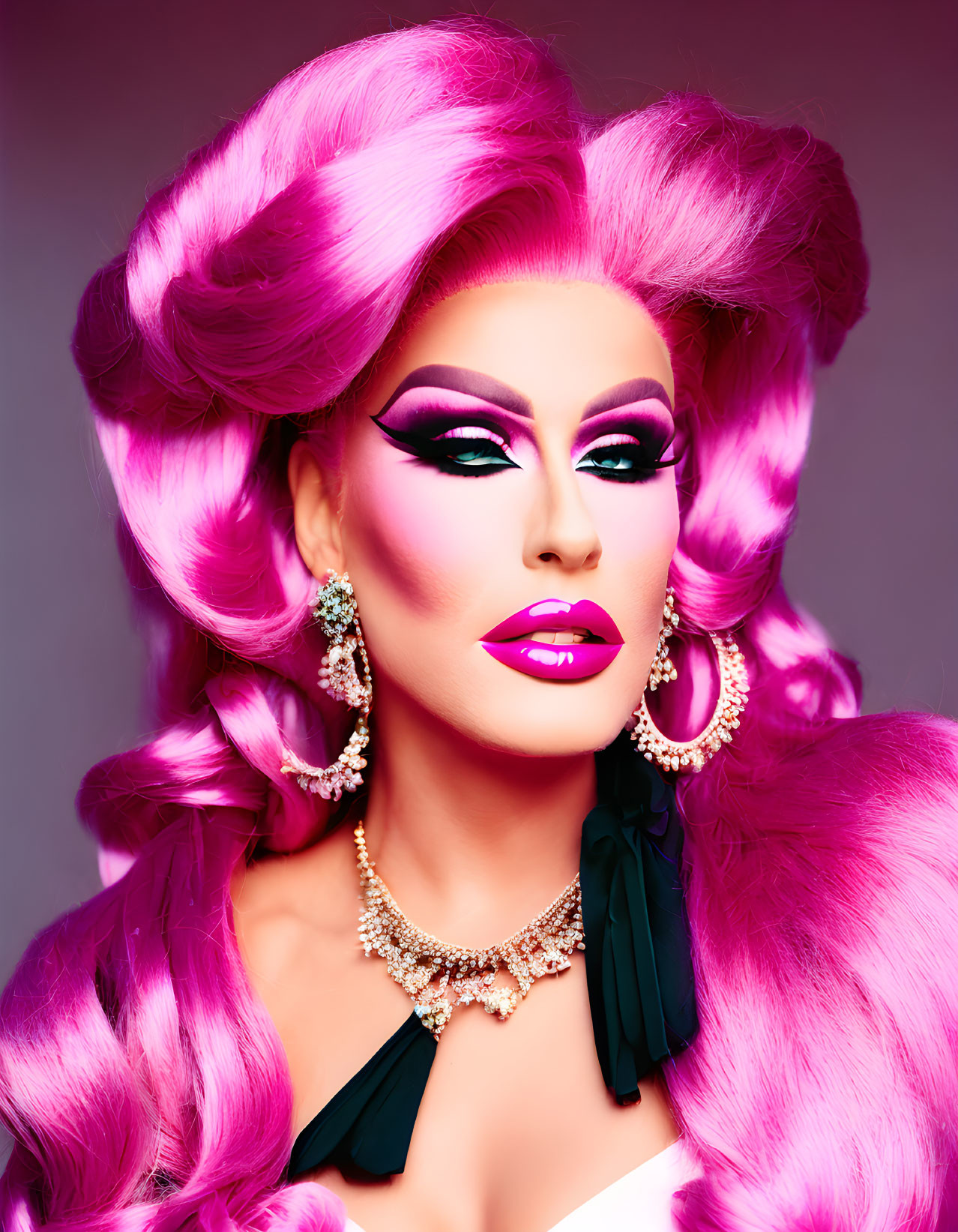 Person with Voluminous Pink Hair and Dramatic Makeup: Thick Eyelashes, Pink Lipstick