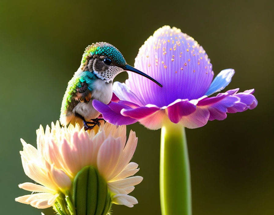 Colorful hummingbird on pink and purple flowers against green background