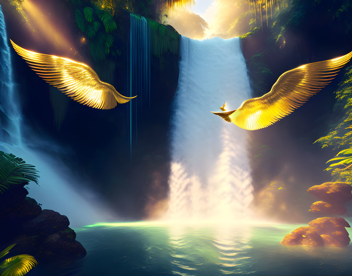 Golden wings flying above serene waterfall in lush greenery