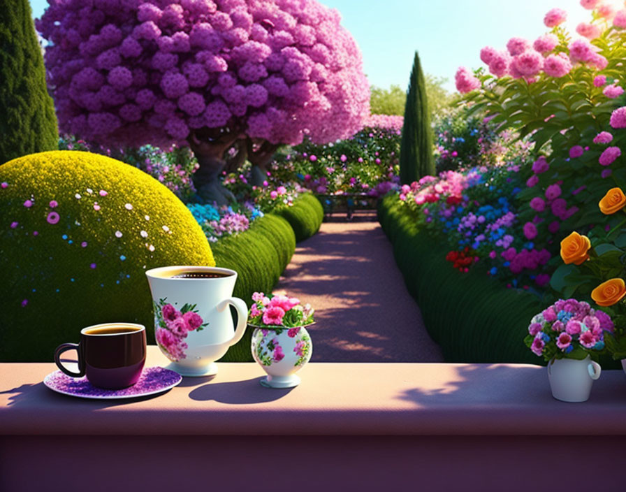 Coffee cups on table with garden view and clear sky