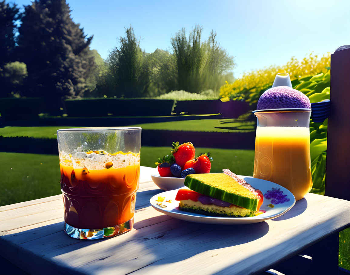 Summer picnic scene with iced tea, orange juice, strawberries, and sandwich