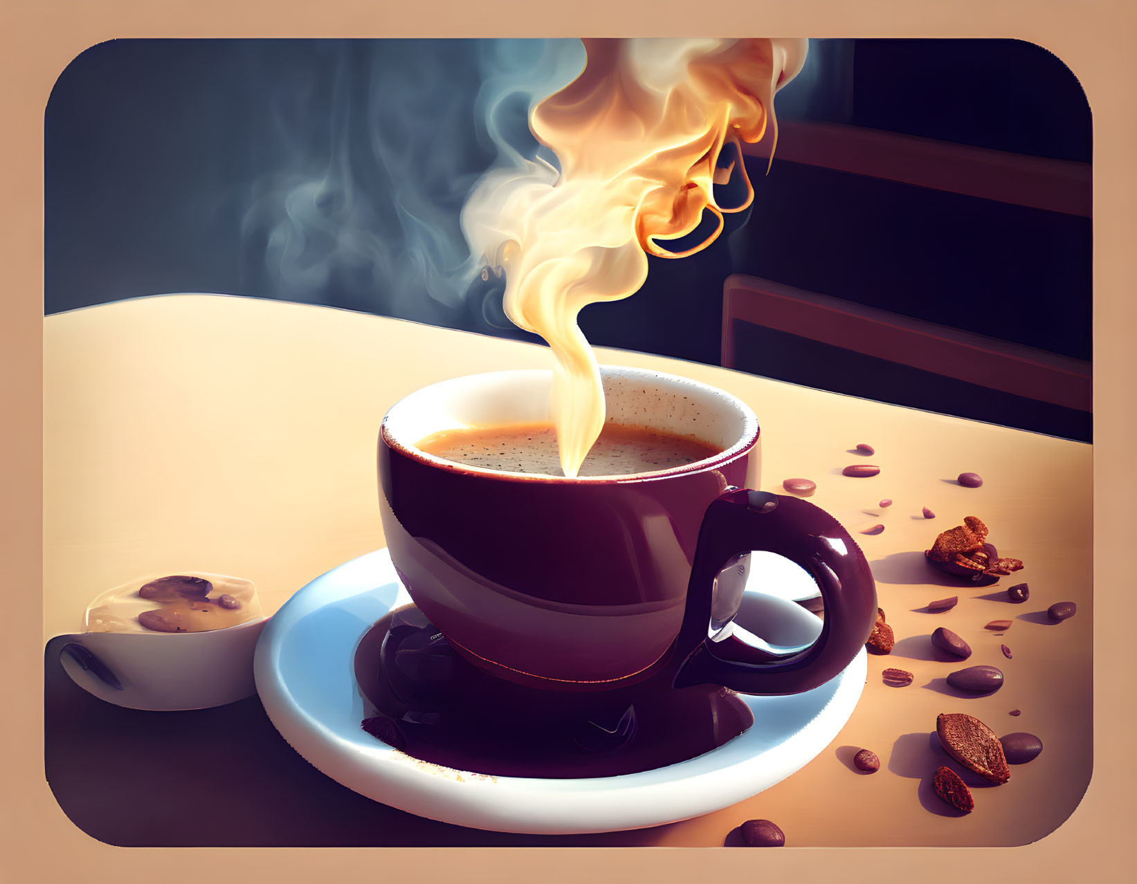 Hot Coffee Cup with Heart Splash and Beans on Dark Background