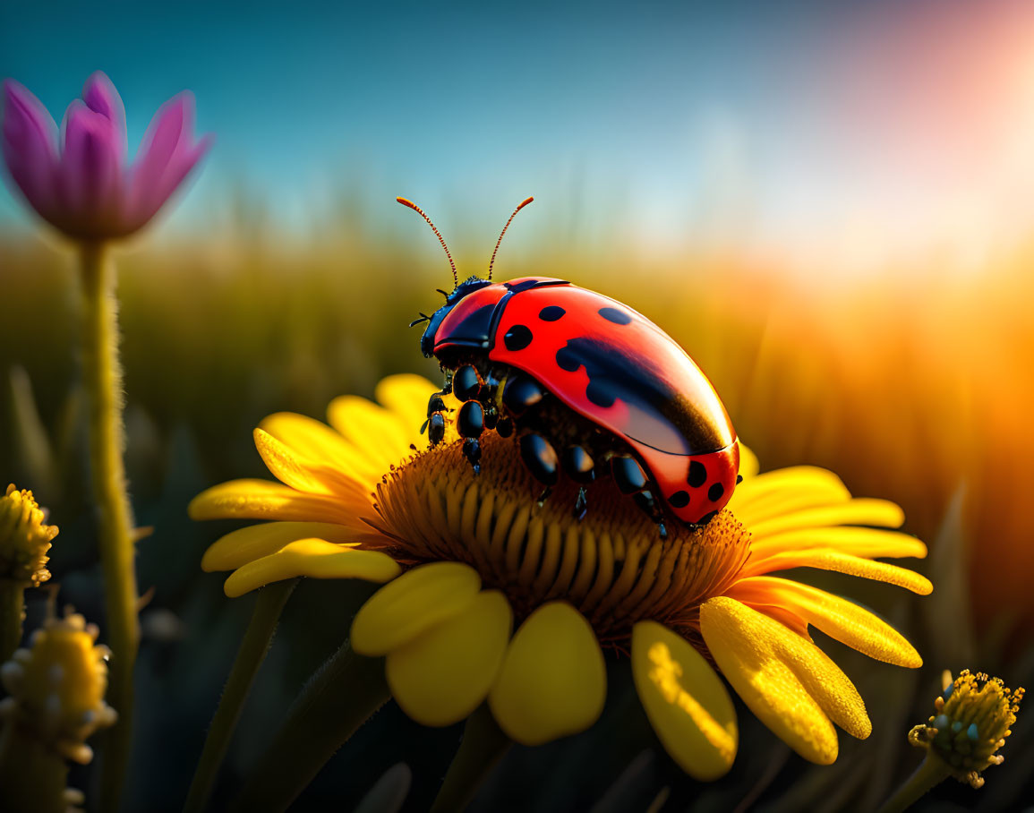 Vibrant red and black ladybug on yellow flower at sunset