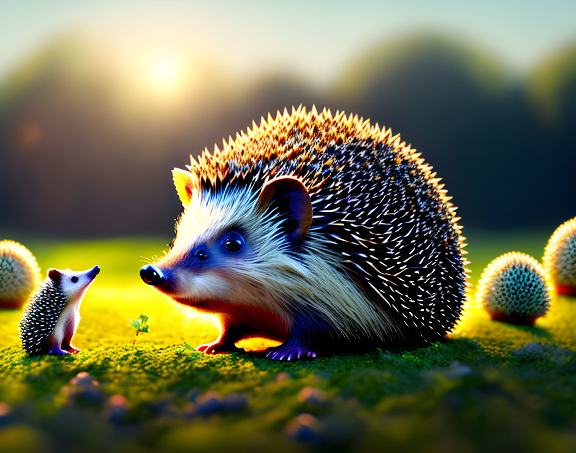 Two hedgehogs in meadow with glowing mushrooms and dandelions at twilight