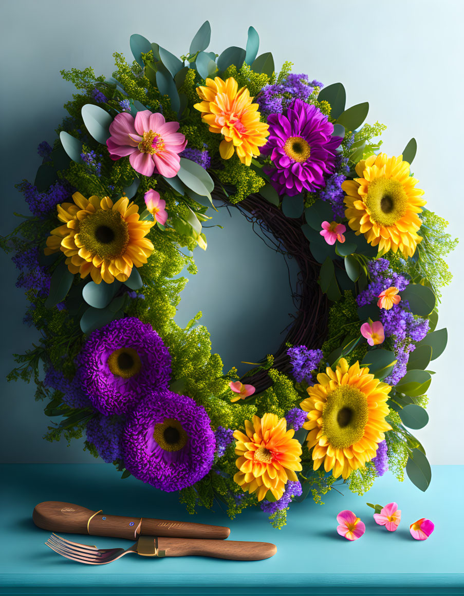 Colorful Sunflower and Purple Floral Wreath with Gardening Tools on Light Blue Background