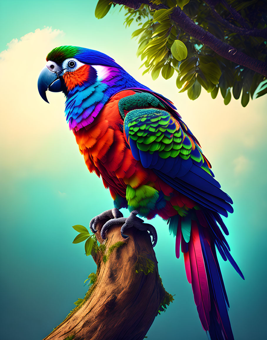 Colorful Parrot Perched on Branch Against Gradient Background