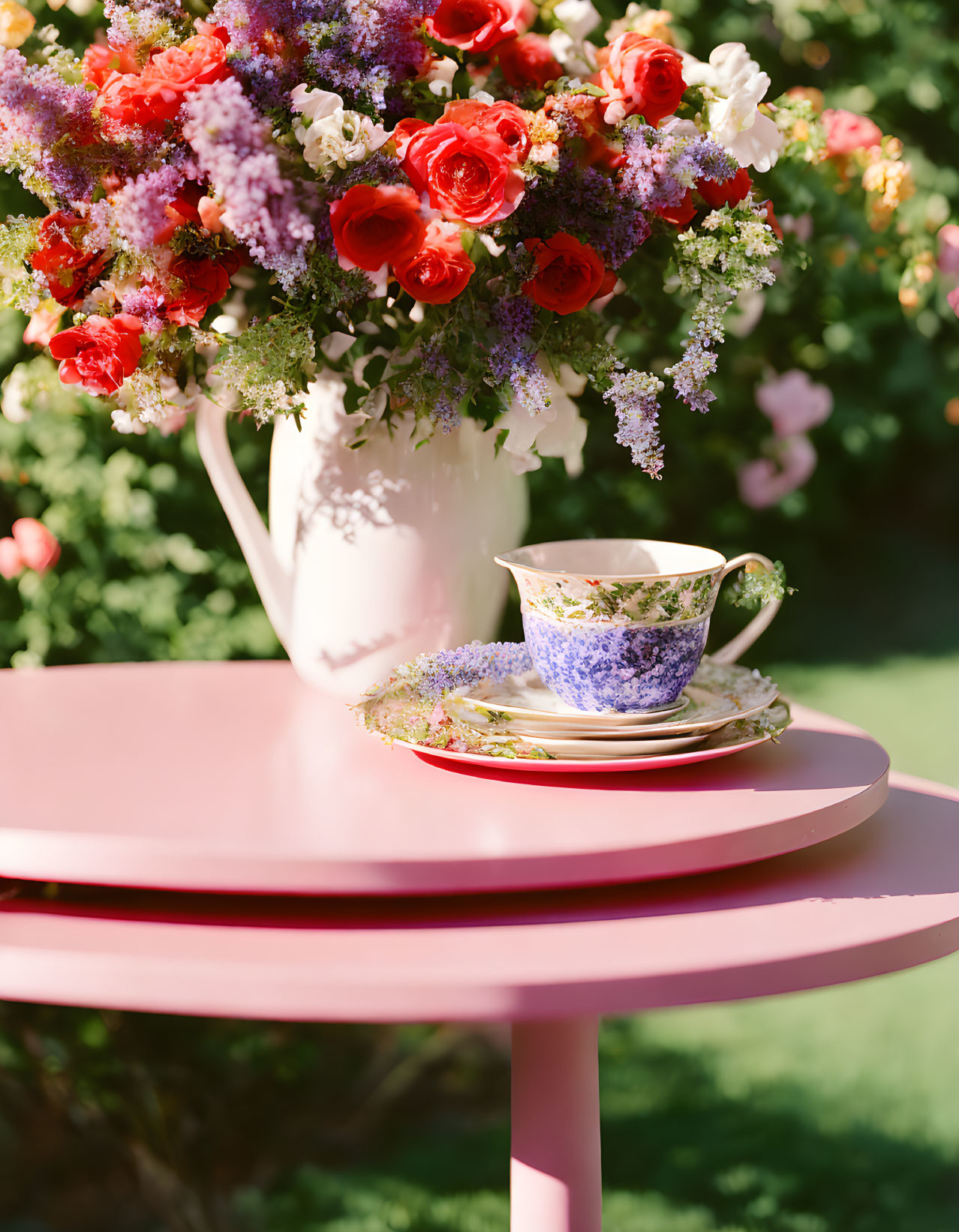 Vintage teacup set on pink table with colorful flower bouquet - elegant garden tea party setting
