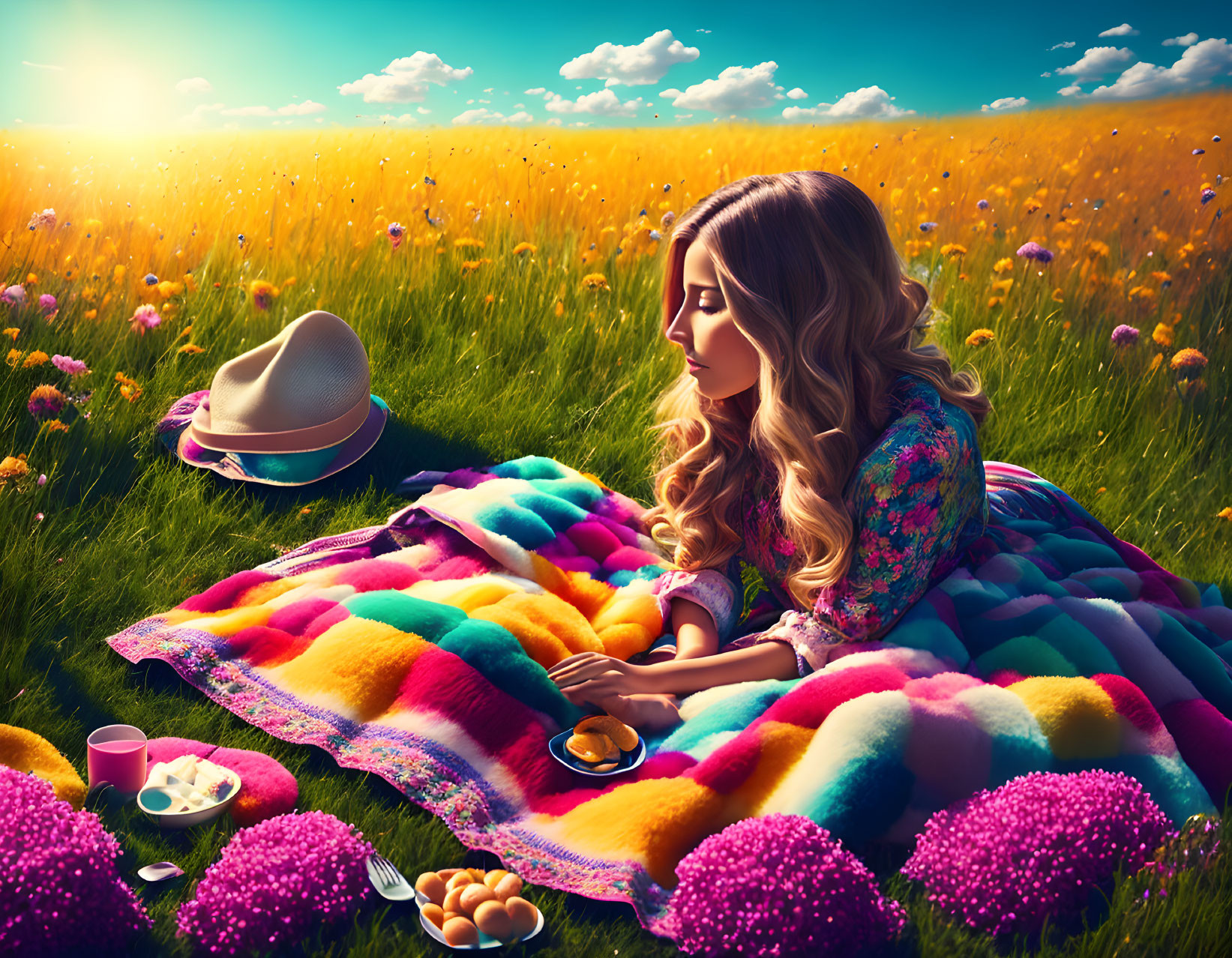 Woman relaxing on colorful blanket in vibrant flower field with picnic set and hat