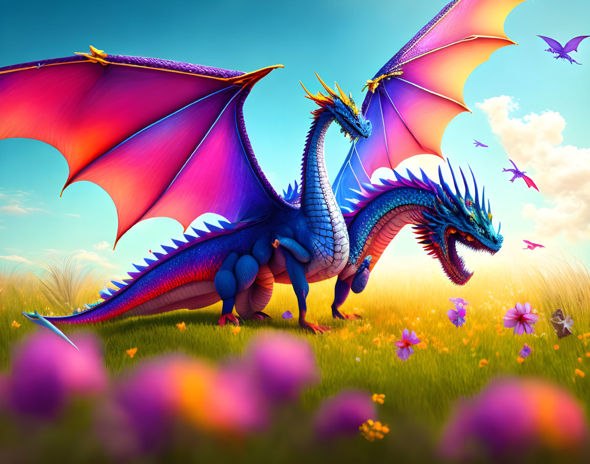 Colorful Dragon Illustration in Vibrant Meadow Sky