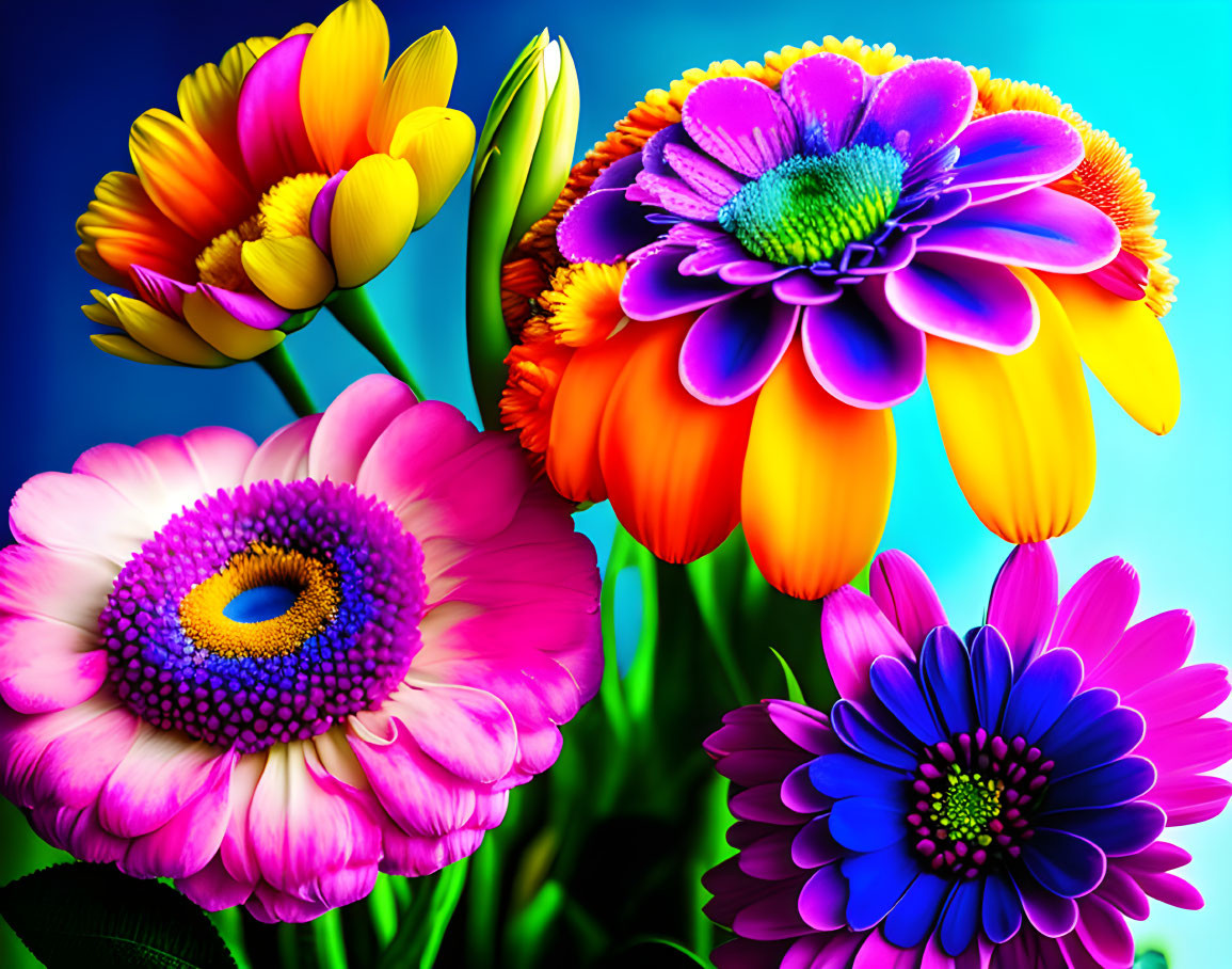 Colorful Flowers with Prominent Central Discs on Blue Gradient Background