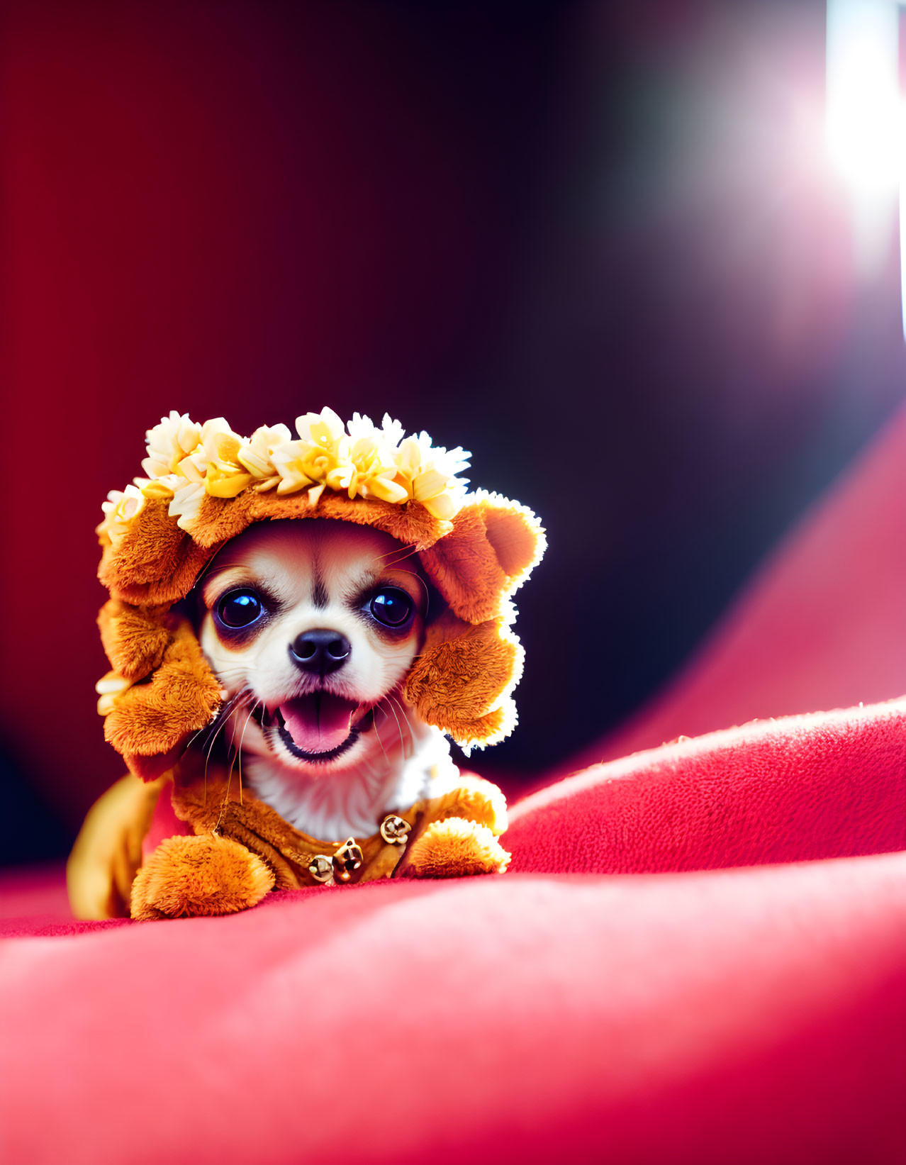 Small dog in lion mane headpiece with yellow flowers on red surface