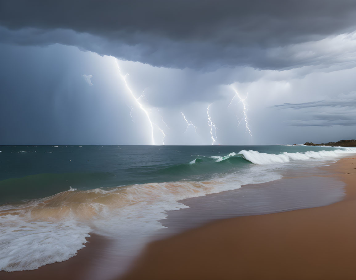 Stormy Seascape with Lightning Strikes and Beach