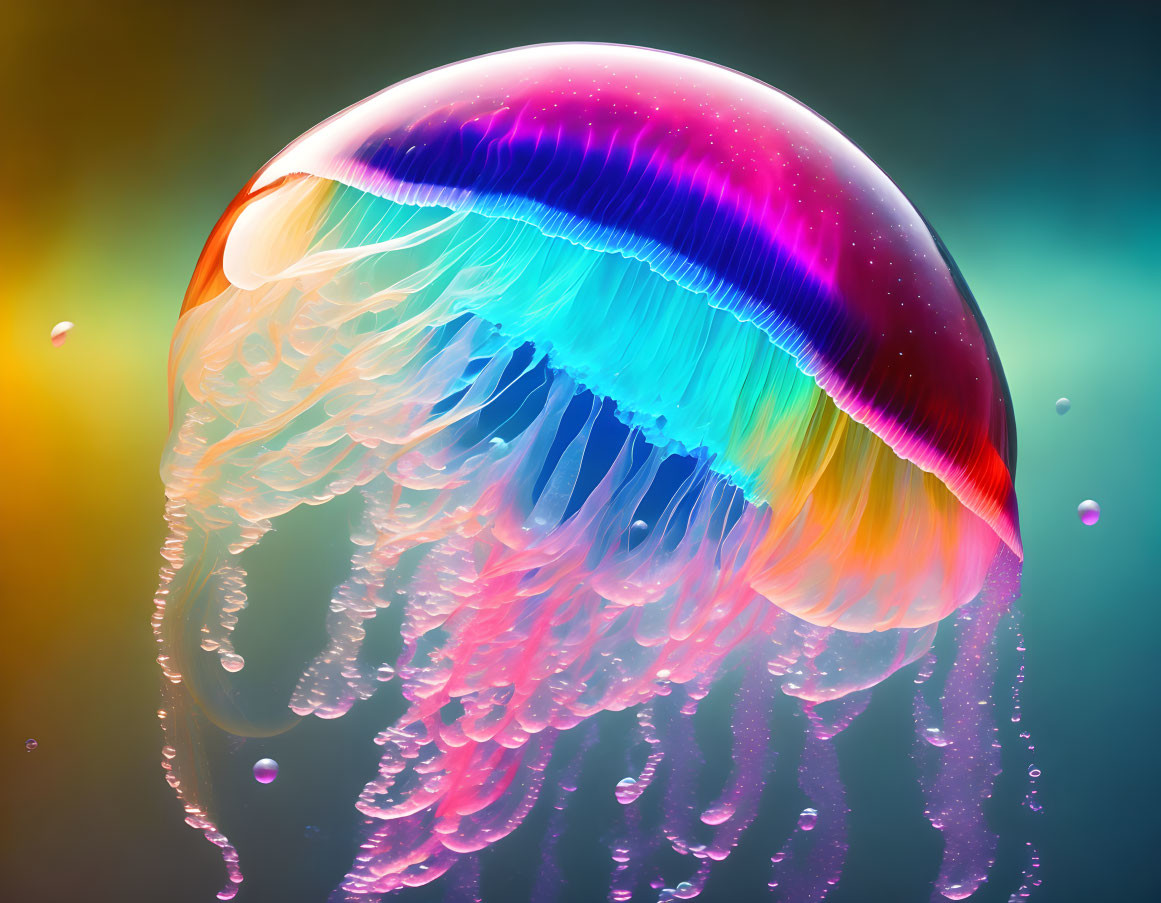 Colorful Jellyfish Illustration with Rainbow Body on Bokeh Background