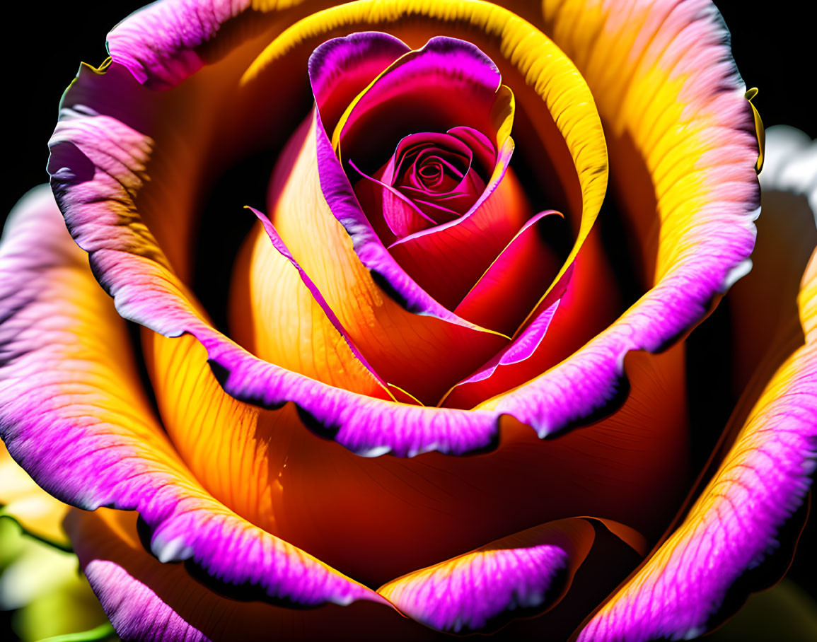 Vibrant multi-colored rose with yellow to pink petals and rose-shaped center detail