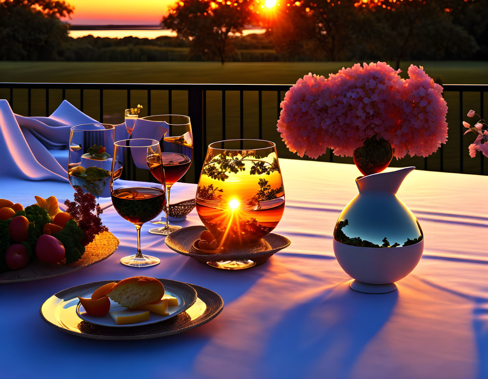 Scenic sunset view from dining table with wine glasses, food plates, and pink flowers vase.