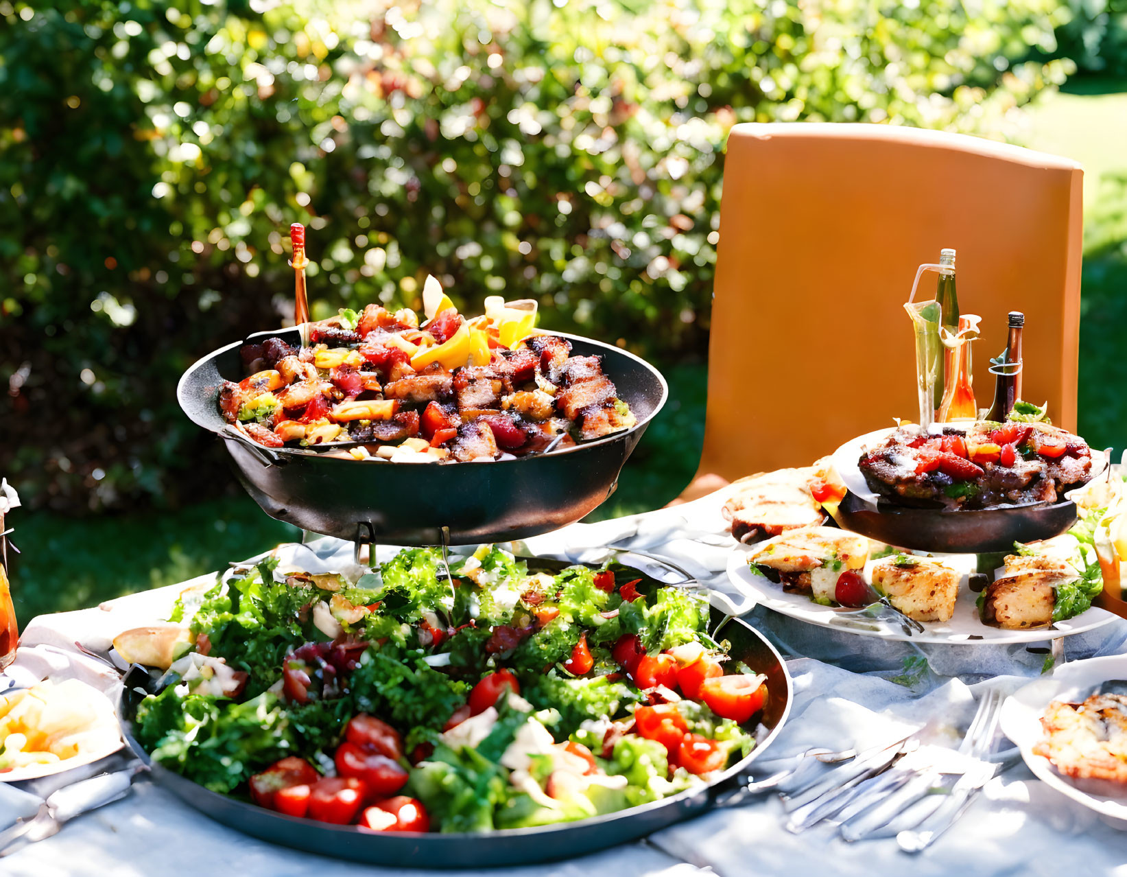 Alfresco dining scene with fresh salads and grilled dishes on display