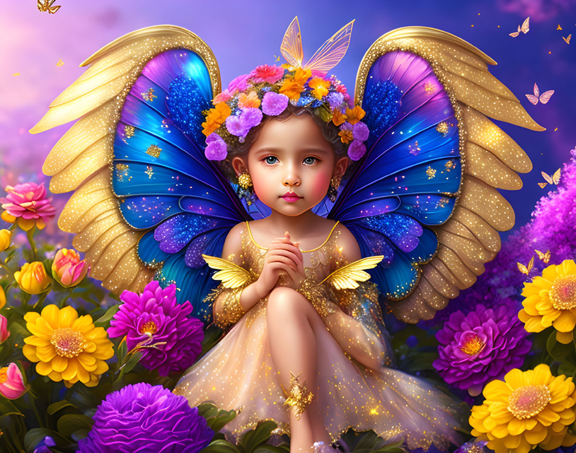 Young girl with butterfly wings in colorful floral scene