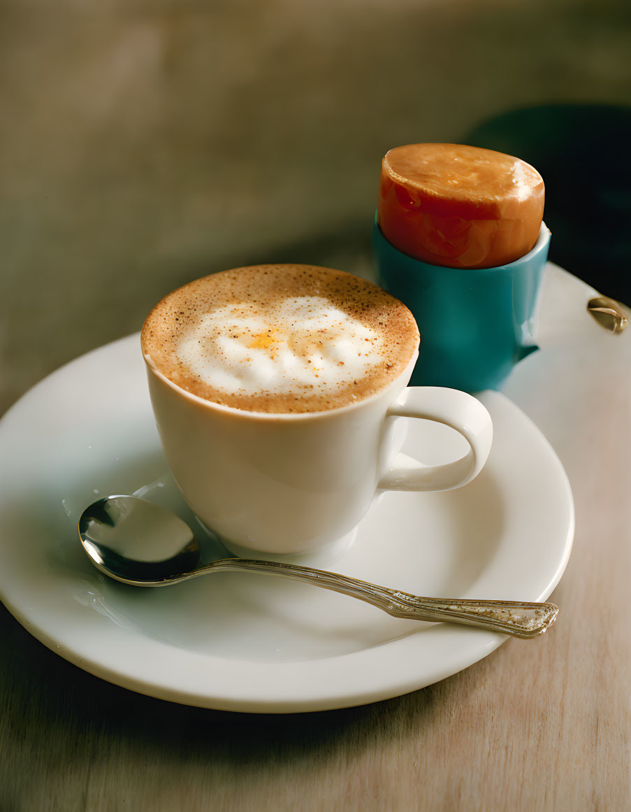 Frothy cappuccino with dessert on saucer and spoon