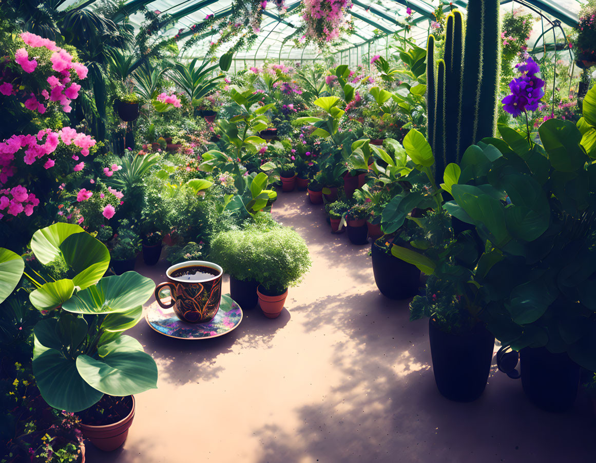 Greenhouse with lush plants and coffee cup on pathway