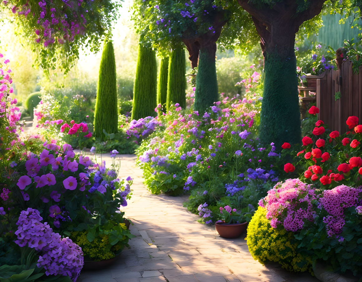 Tranquil garden pathway with vibrant flowers and lush greenery