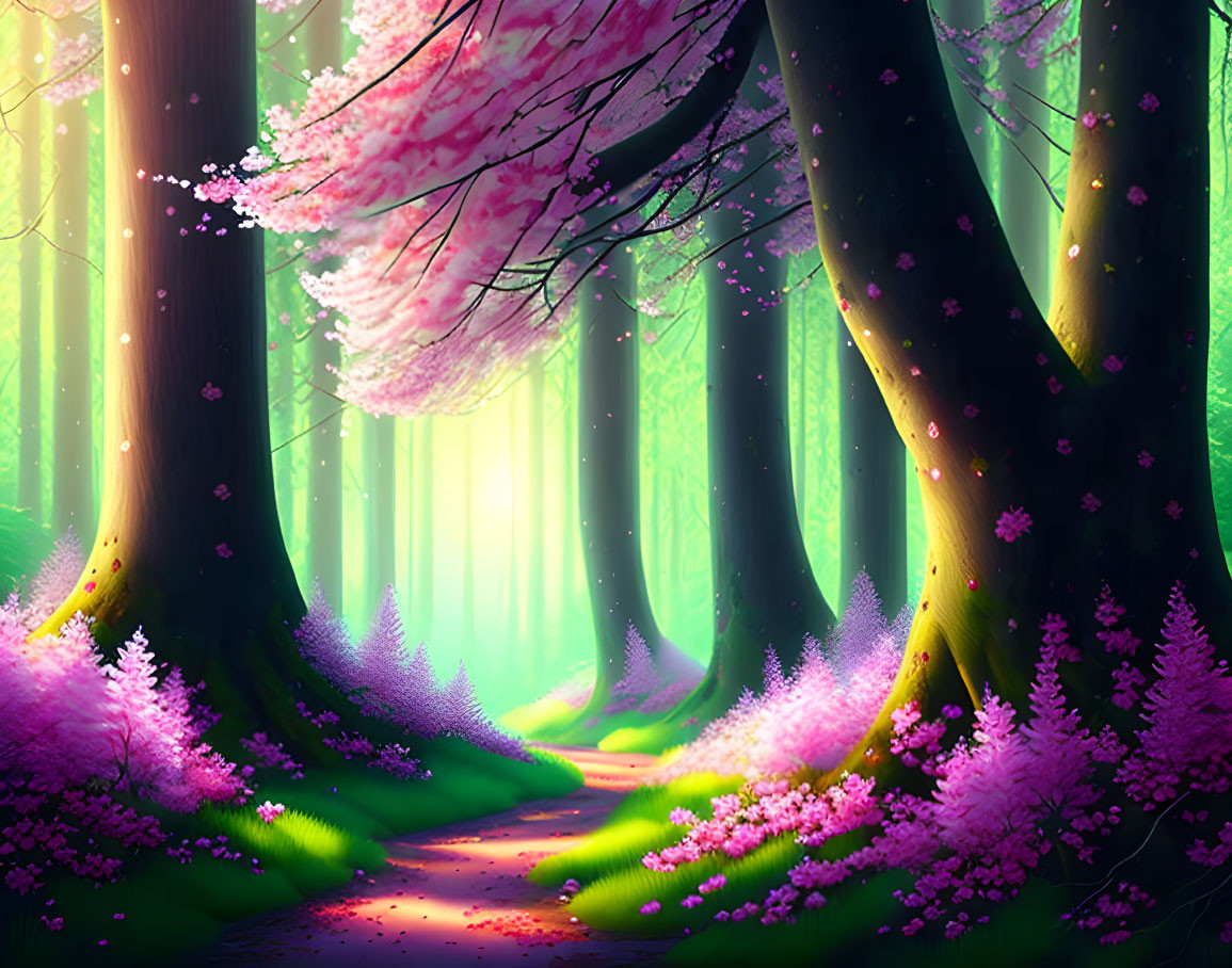 Tranquil forest path with pink cherry blossoms & lush purple underbrush