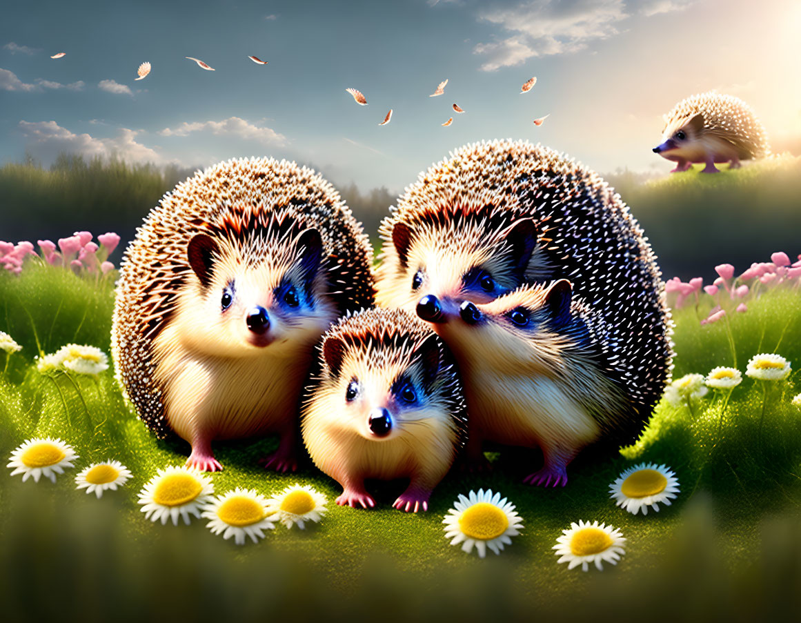 Four Cartoon Hedgehogs in Vibrant Meadow with Flowers