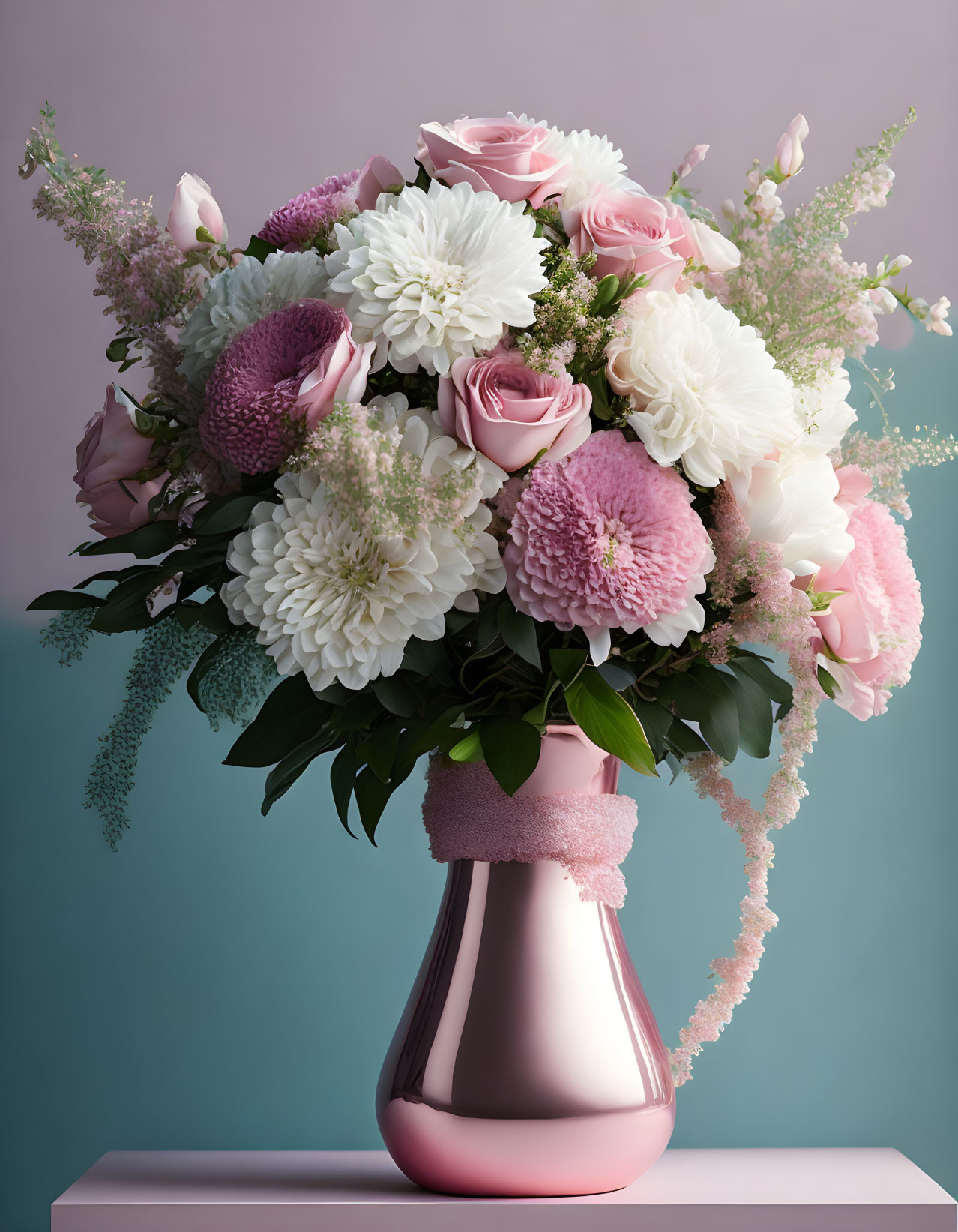 Pink and White Flower Bouquet in Pink Vase on Teal Background