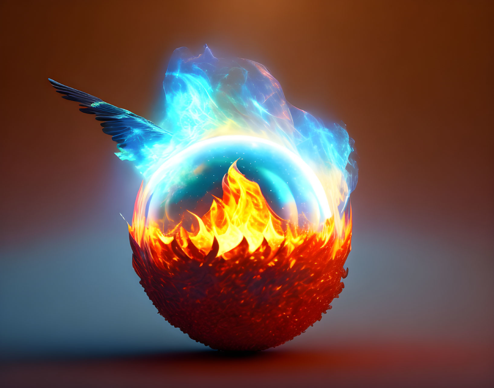 Vivid Flaming Heart Graphic with Blue Flames on Orange Background