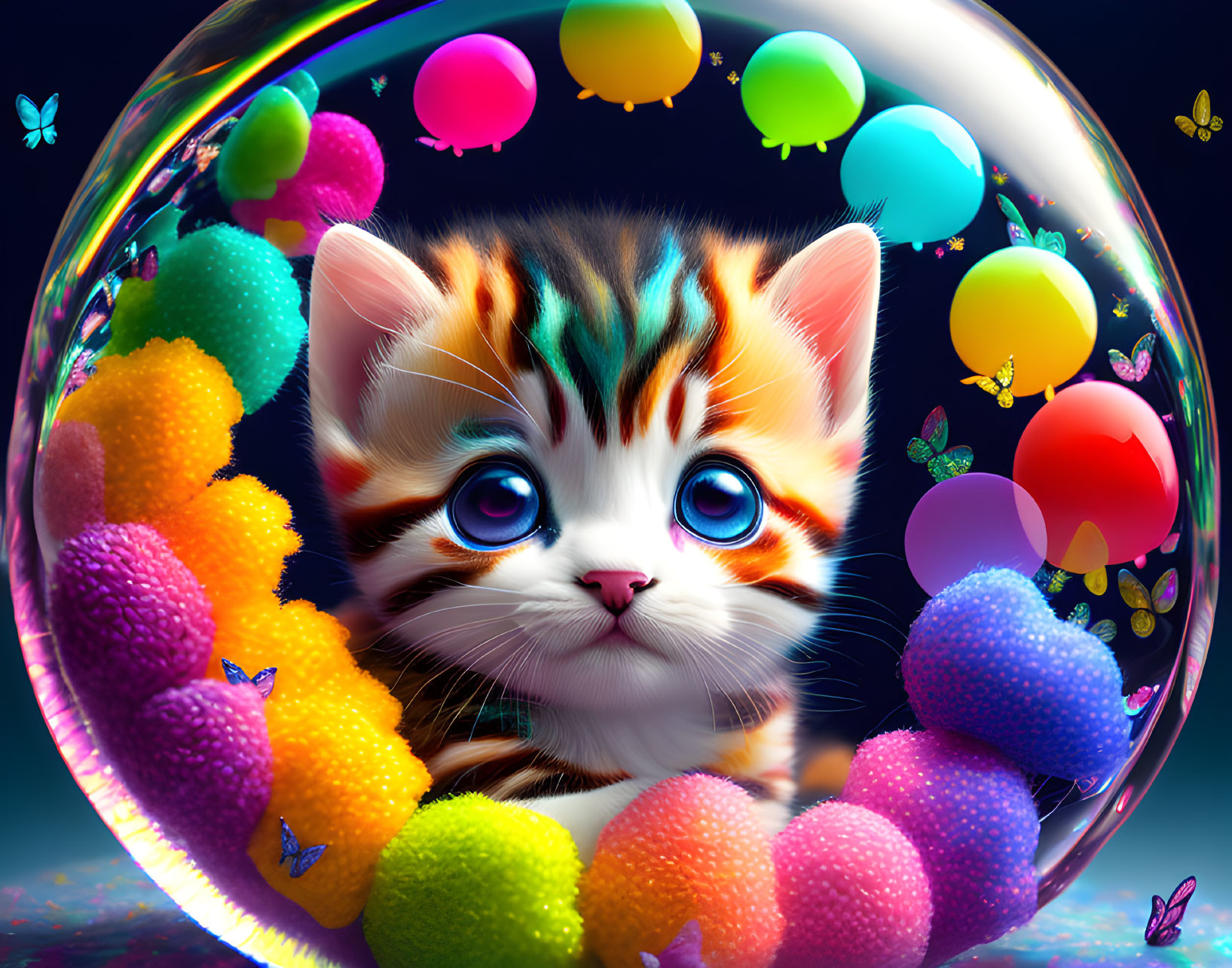 Colorful Fantastical Kitten with Blue Eyes and Spheres in Digital Art