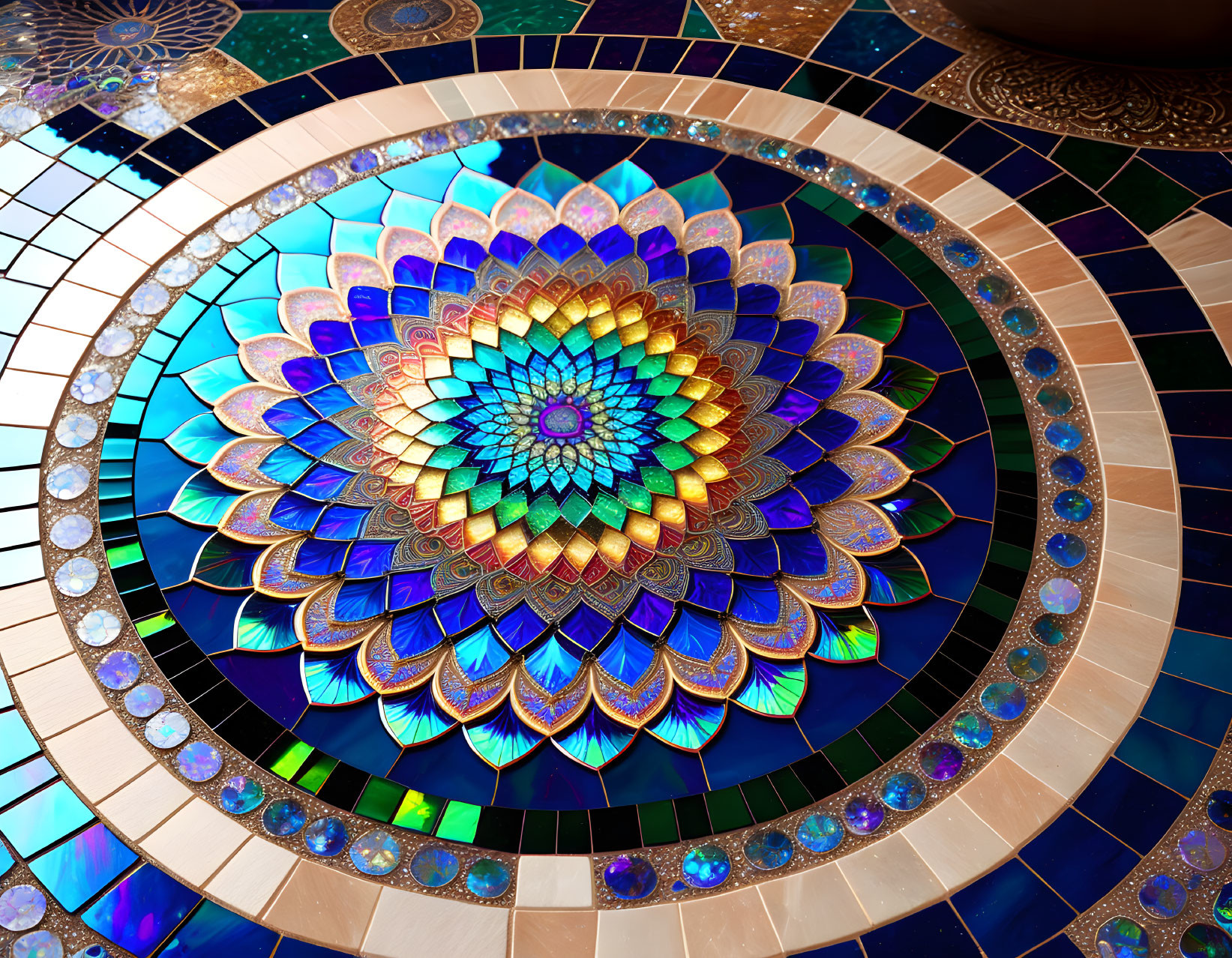 Colorful Mandala Mosaic Artwork with Iridescent Tiles