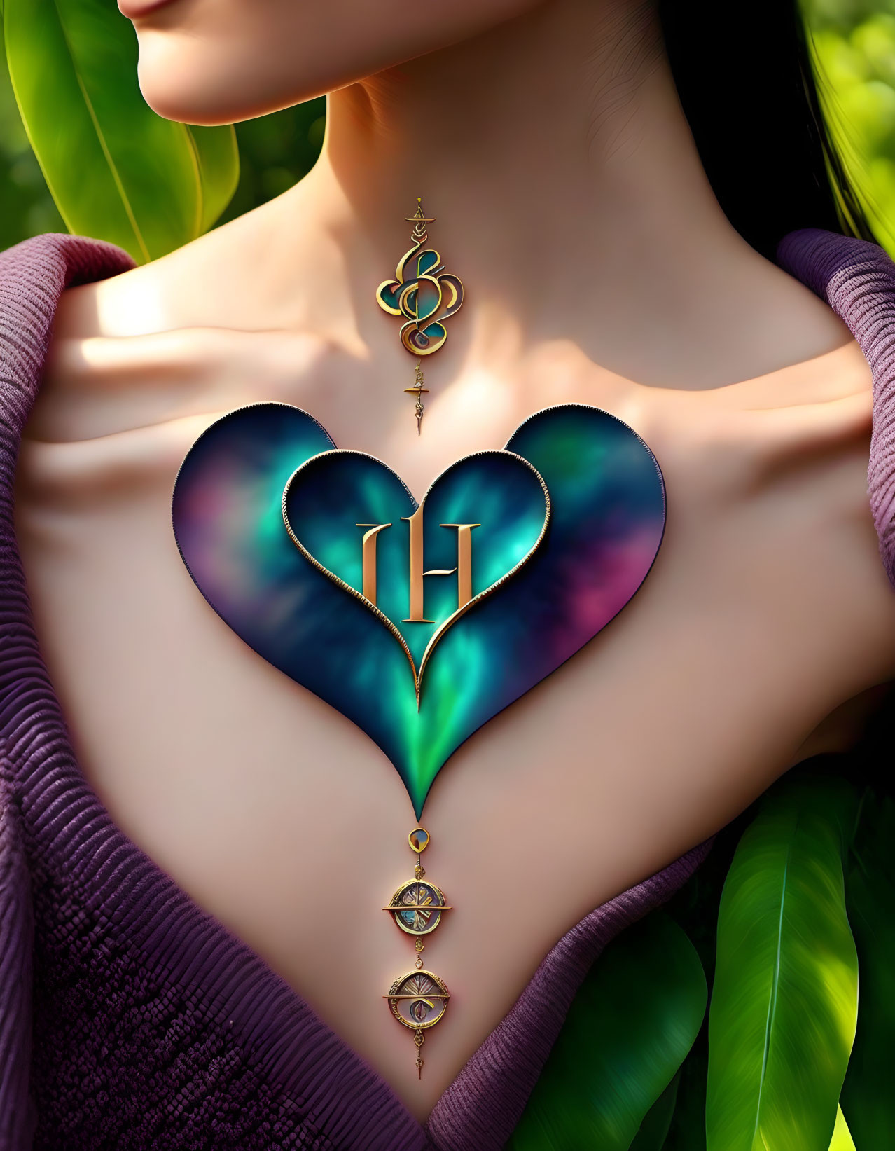 Woman with vibrant heart-shaped chest piece and golden embellishments on lush green backdrop