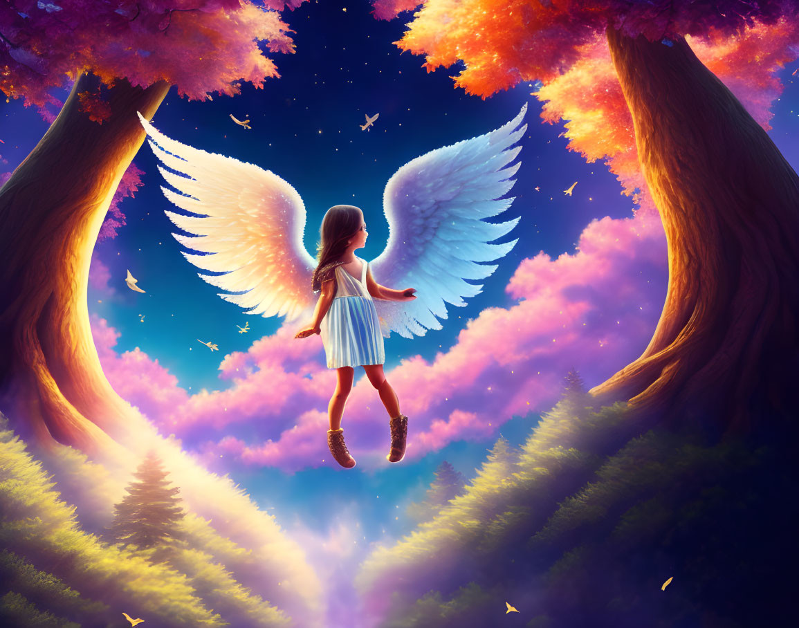 Girl with wings in magical forest with large trees and colorful sky